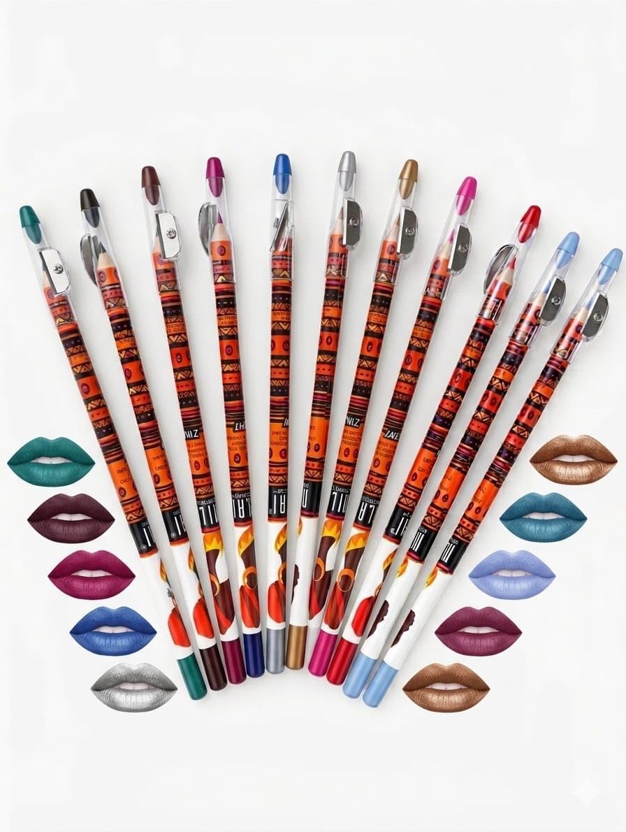 2 in 1 Eyeliner and Lip Pencil Multicolor Fine Tip with Sharpener Set of 10
