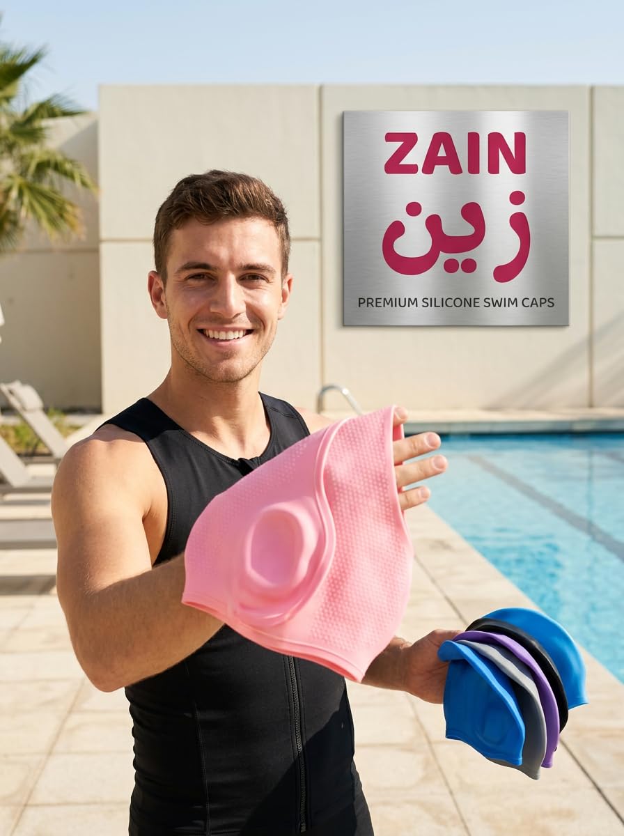 GHAZAL Swim caps in various colors, bearing the "ZAIN" logo