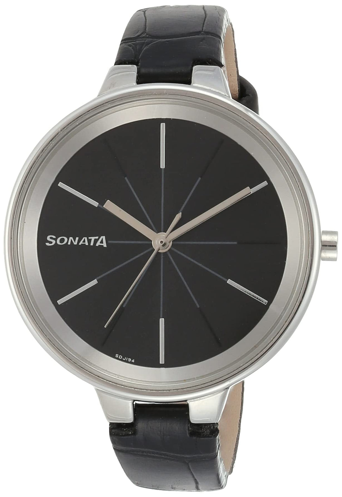 Sonata Watch for Women, Quartz Movement, Analog Display, Black Leather Band Strap-8159SL02