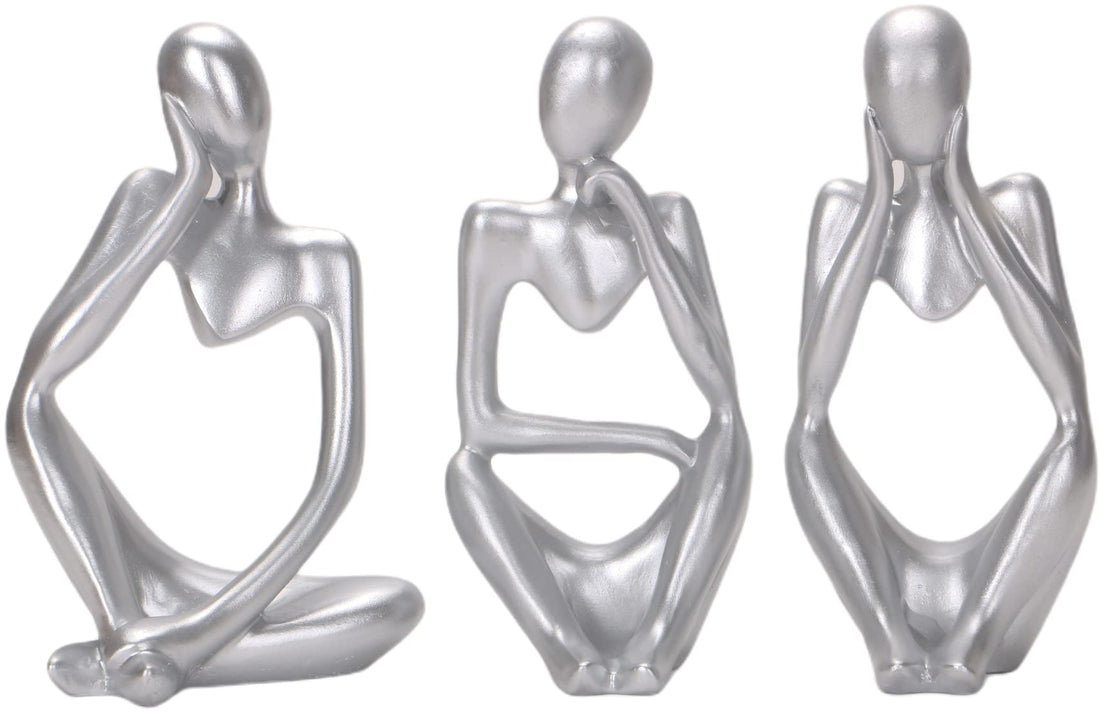 Thinker Statue Set of 3 Abstract Sculpture Style Decoration The Thinker Statue for Home Office Bookshelf Desktop Resin Modern Home Decor Accent Collectible Figurines (Silver)