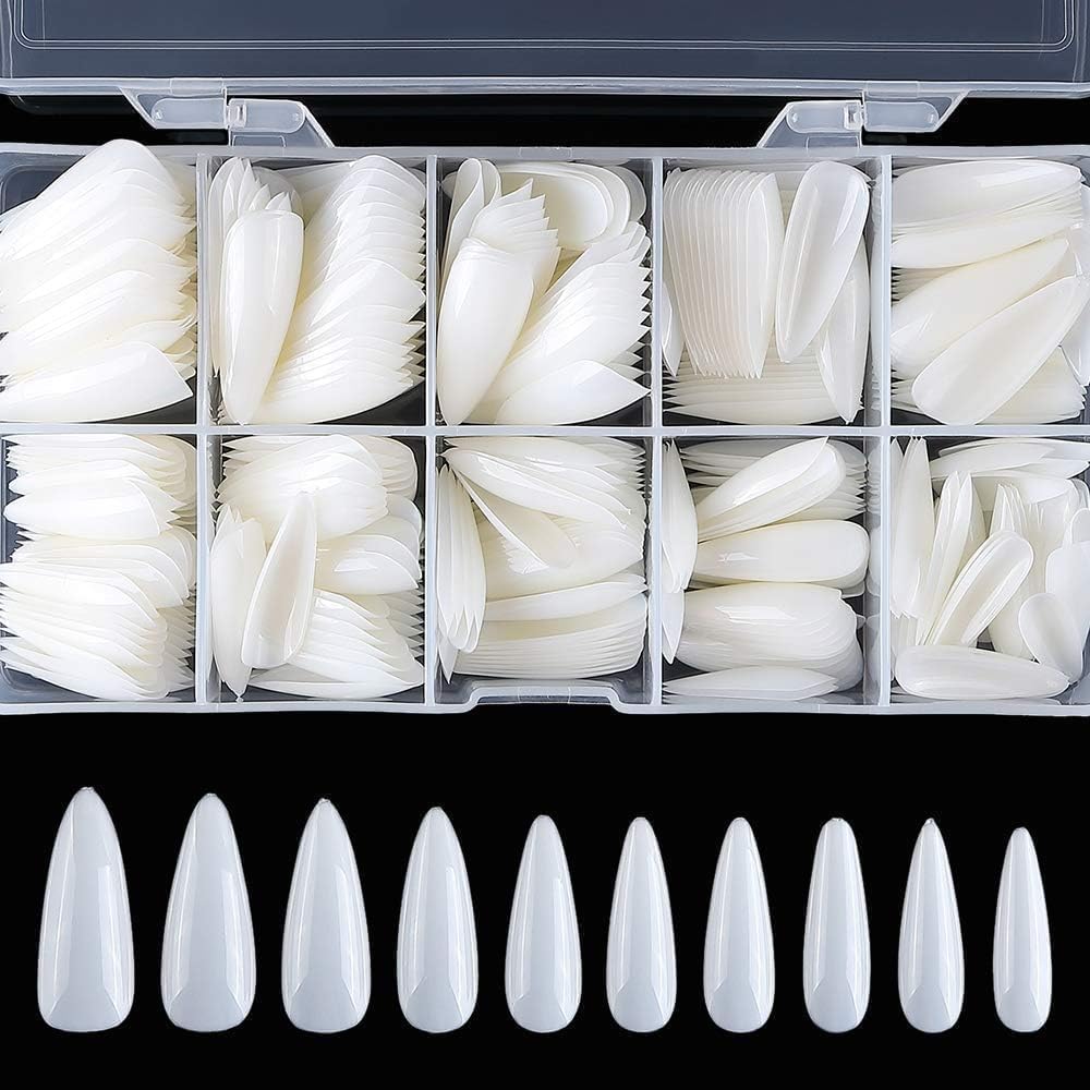 Soft Gel Nail Tips, 500pcs 12 Size Full Matte Full Cover ALMOND Acrylic Nail Tips Pre-shape False Fake Nail for Press on Nail Extensions DIY Manicure Soak Off (Medium Stiletto)