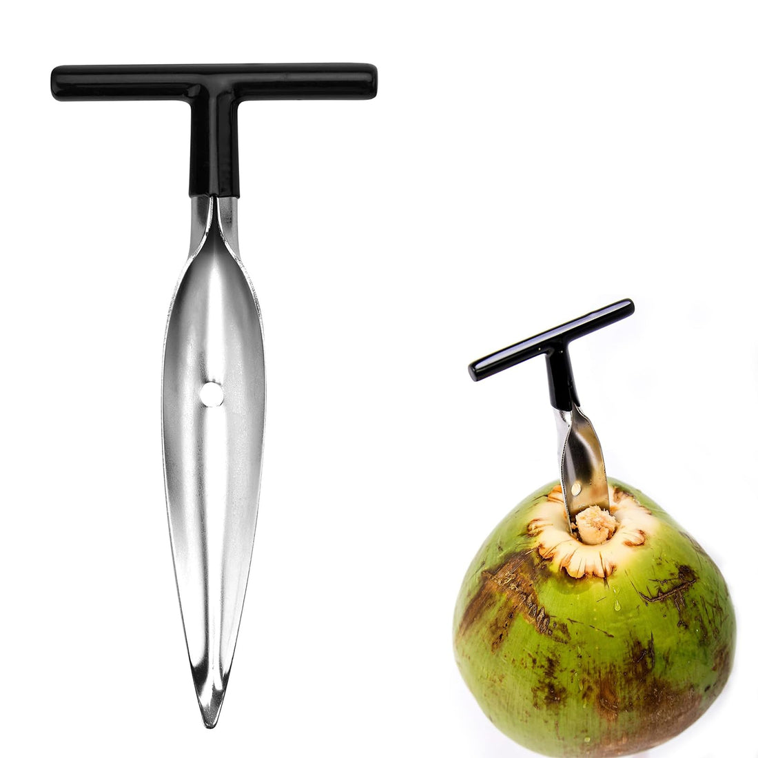 nalaina Coconut Opener, Stainless Steel Coconut Knife Tool, Works with Peeled Thai Young White Coconuts, Easy to Use, Easy Grip Open in Seconds Super Safe Easy and Fast