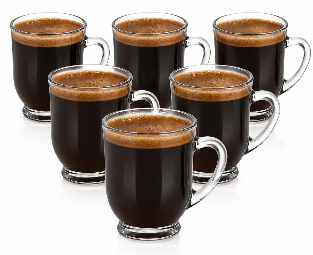 OVA 6PCS Clear Glass Mug Set, Heat-Resistant Coffee & Tea Cups for Espresso, Latte, Cappuccino & Hot or Cold Drinks, Lightweight Durable Drinking Glasses for Home & Office Use
