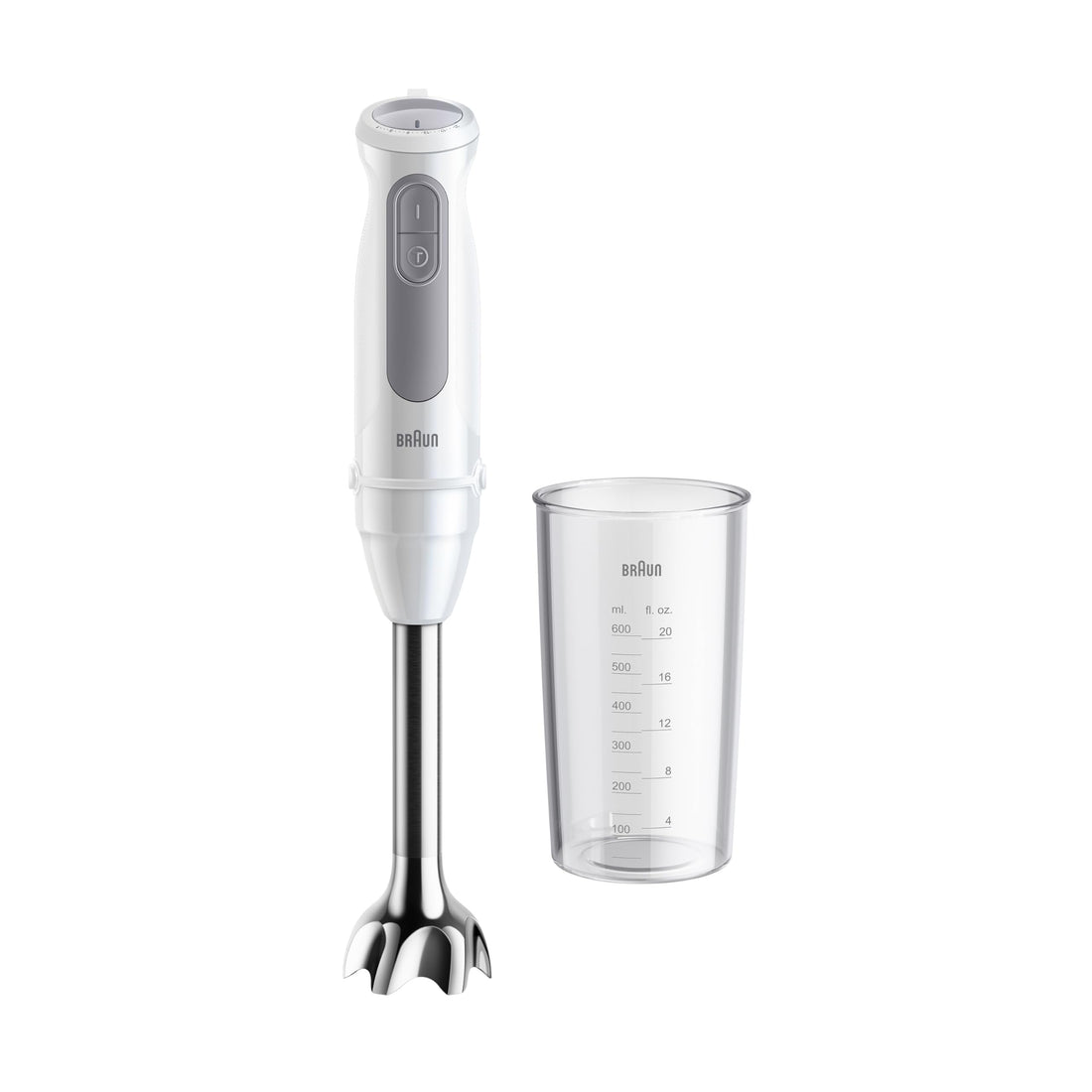 Braun MultiQuick 5 Hand Blender MQ50001M, 1000W Powerful Motor, 21 Speeds + Turbo, PowerBell VPlus Anti-Splash Stainless Steel Shaft, Includes 600 ml BPA-Free Beaker, White – International Warranty