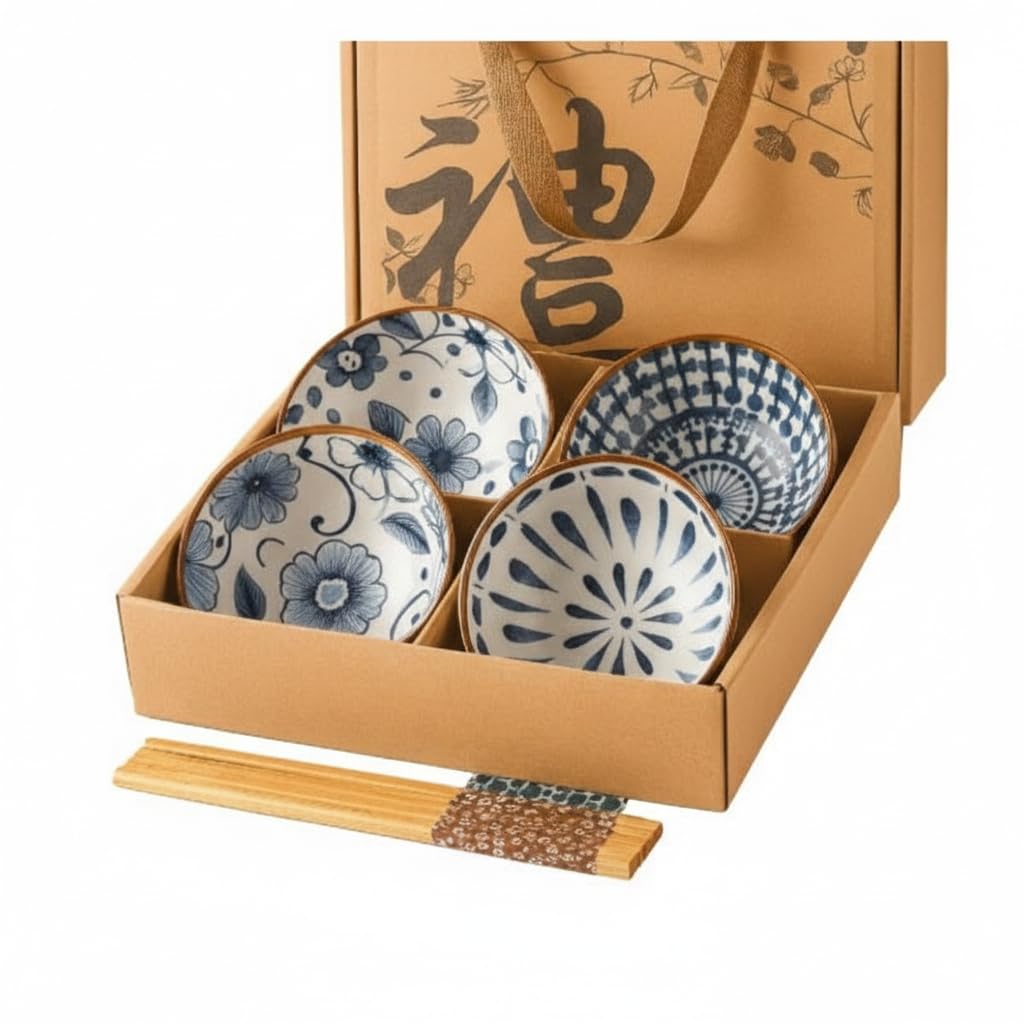 Home Care TT-556 4-Piece Ceramic Bowl Set with Patterns, Pack of 1, Dining