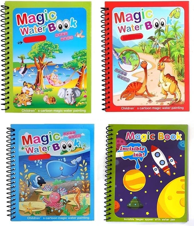 Dreamons link kids magic water colouring book (pack of 4 books) unlimited fun with water wow! aqua doodle coloring drawing reusable water-reveal activity pad, chunky-size water pen for birthday gift