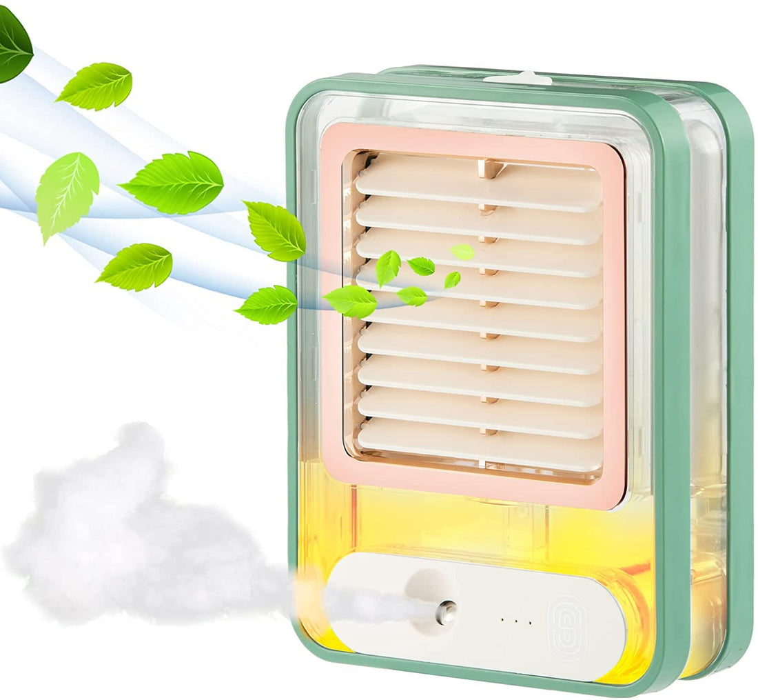 One94Store Rechargeable Battery Operated Mini USB Fan With Mist Water Spray Mini Cooler With LED Night Light Mini AC Personal Air Cooler Desk Fan for Office Kitchen Home (Green Color)