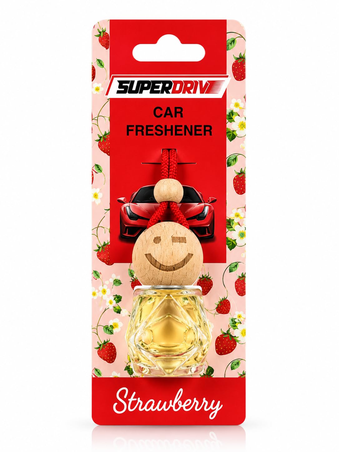 Superdrive Square Car Air Freshener on Mirror with Essential Oils Fragrance with Wooden Diffuser Lid - Transparent- Strawberry