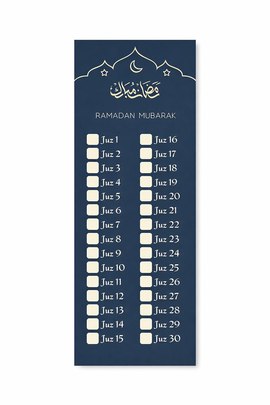 Ramadan Mubarak 30 Day Tracker, Juz Checklist Calendar, Islamic Prayer Organiser with Arabic Calligraphy, Geometric Design (Dark blue)