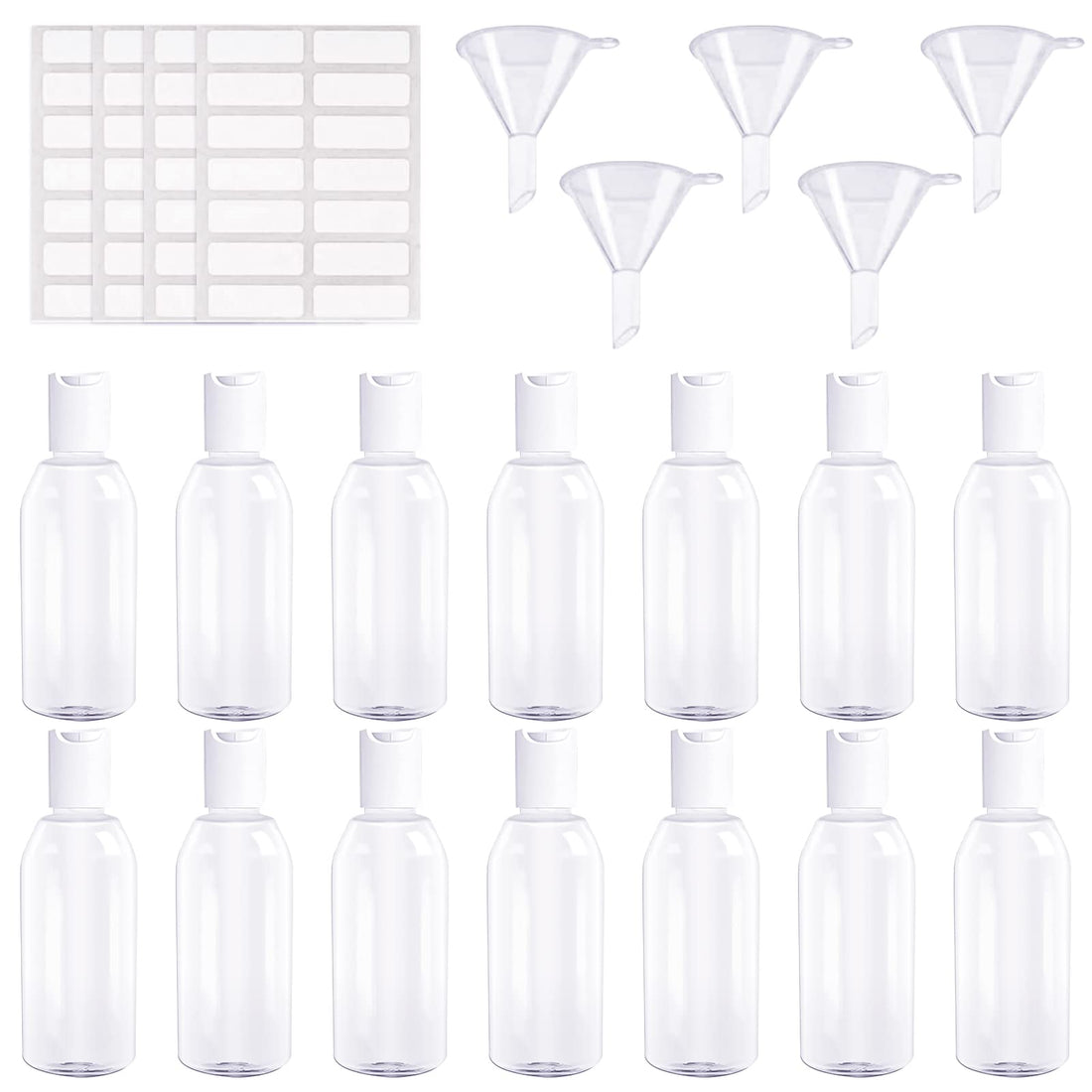 DRADERCH 14 Pcs Travel Bottles for Toiletries 50 ml Clear Plastic Empty Refillable Liquid Containers Air Flight Travel Bottle Leak Proof Travel Accessories with Funnels Labels for Shampoo Lotion Cream
