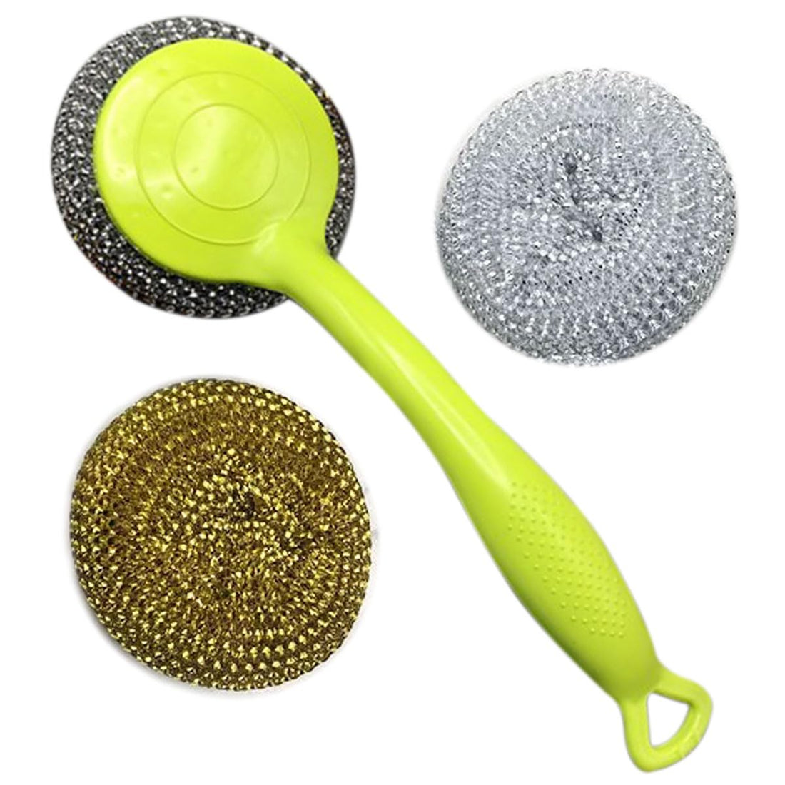 ECVV Stainless Steel Sponges Scrubbers Cleaning Ball With Handle Deep Cleaning Metal Scrubber Set Scrubbing Scouring Pad for Kitchens Bathroom and More (Yellow)