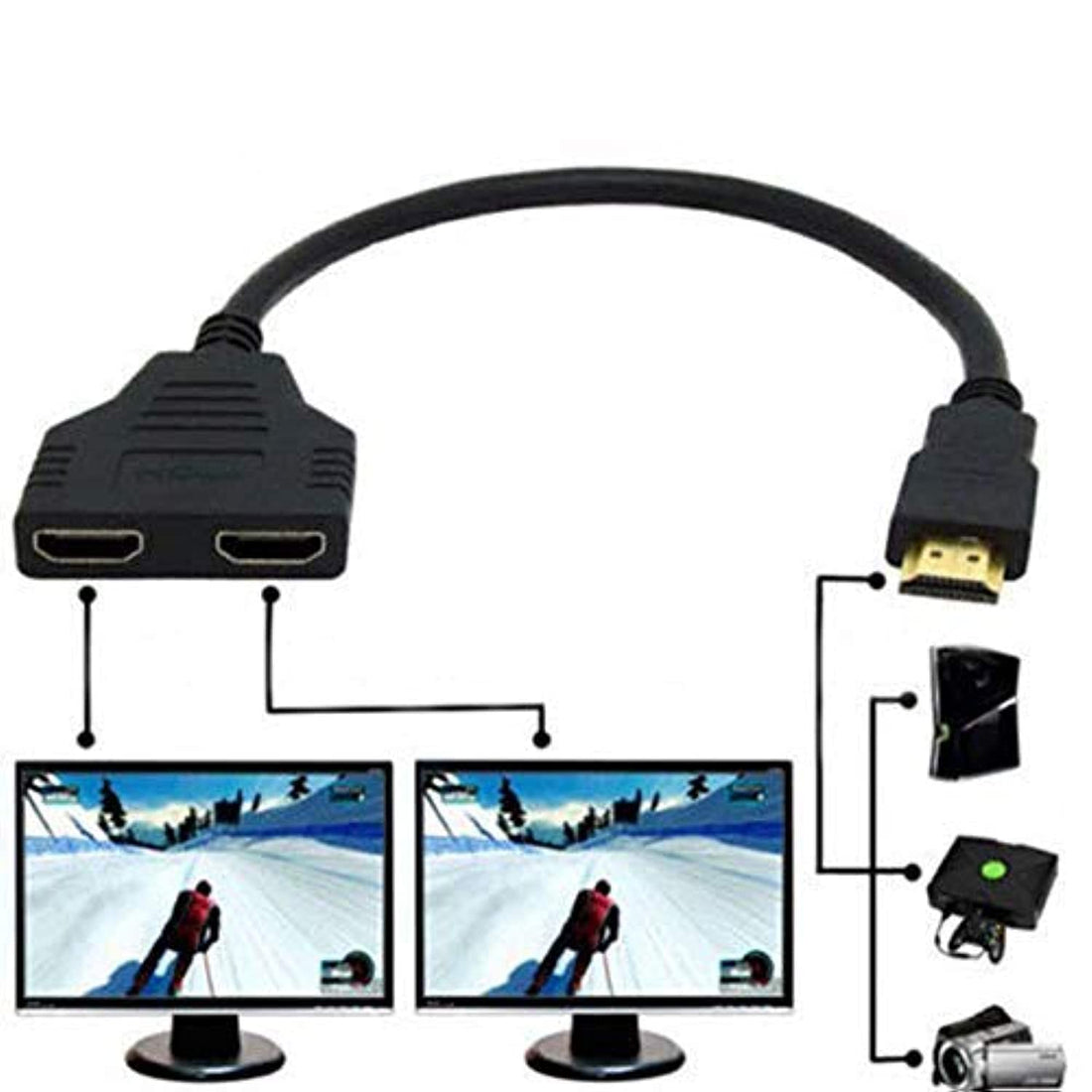 DSHS Hdmi male to dual hdmi female 1 to 2 way hdmi splitter adapter cable for hdtv, support two tvs at the same time, signal one in, two out(black)