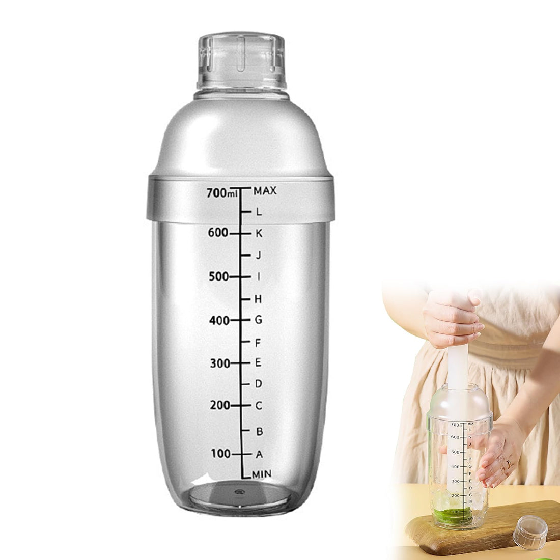 nalaina Cocktail Shaker,Plastic Shaker Cup 700ml,Leak-Proof Design with Built-in Strainer,Thickened & Durable Food-Grade PC Resin,Double-Scale Measurement for Milk Tea,Iced Coffee,Smoothies,Bar Tool