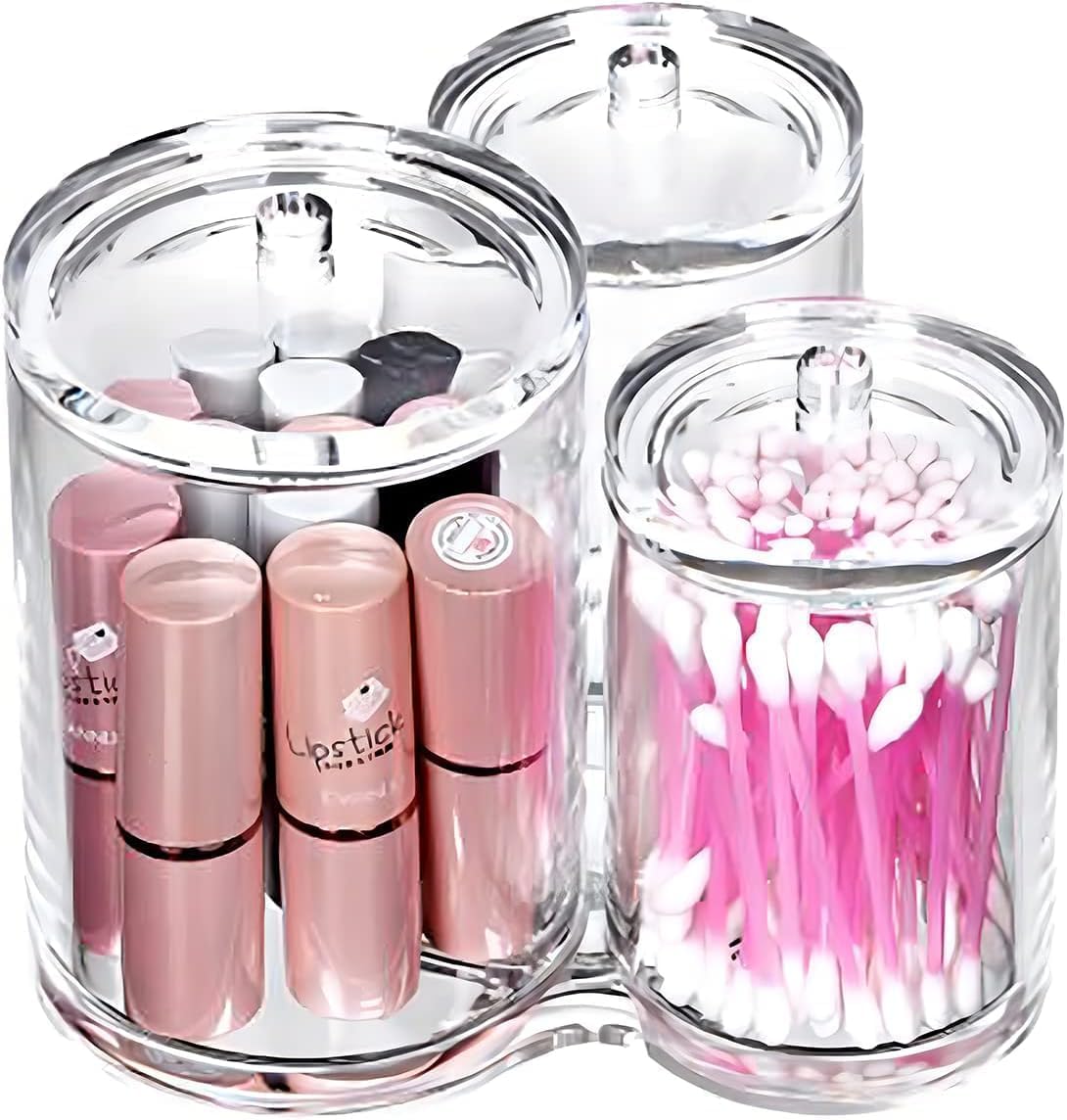 Clear Acrylic Makeup Organizer, Cosmetic Storage Containers, 3 Compartments with 3 Transparent Dust Cover for Makeup Brushes, Cotton Swabs and More