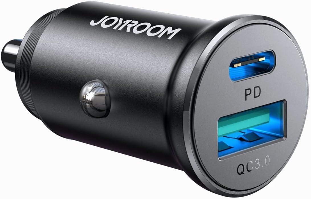 Joyroom JR-CCN05 30W Mini Metal Car Charger – USB-C PD + USB-A Quick Charging, Fast Charge Support (PD3.0/PPS/QC3.0), Compact Design – Black | 12-Month Warranty