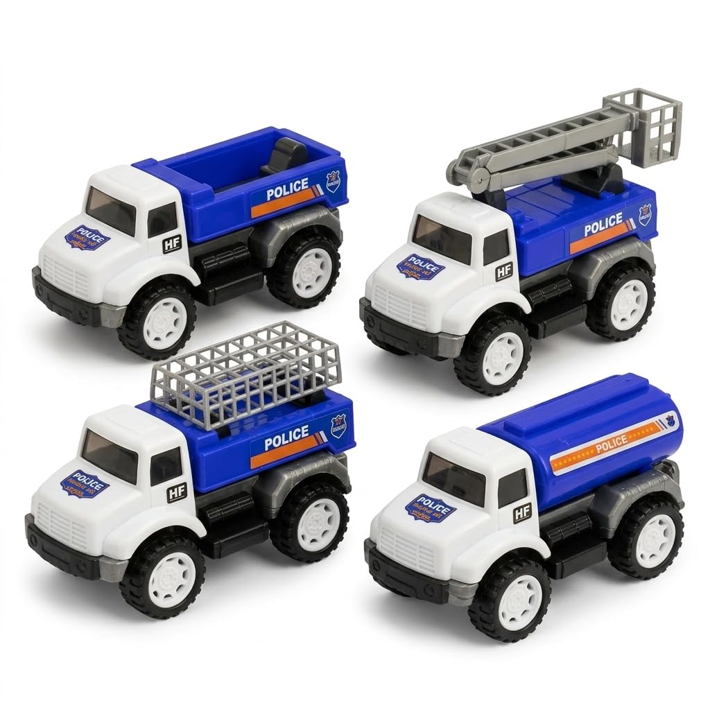 Police & Rescue Cars Set (4 Pieces) – Friction Powered Toy Cars for Kids – Includes Ladder Truck, Tanker, Transport Trucks – Educational & Imaginative Toys for Boys & Girls (Age 3+)
