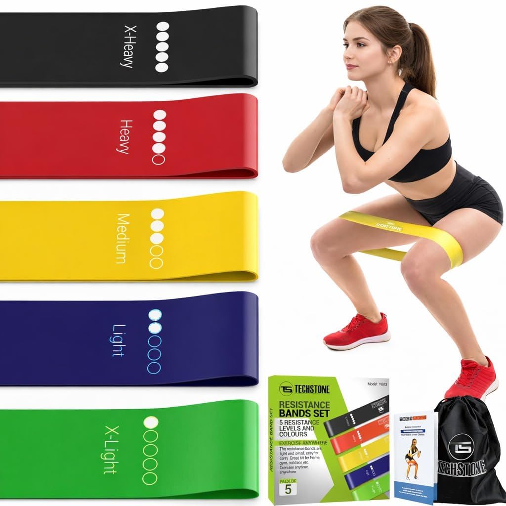 TechStone Resistance Bands Set for Men and Women, Pack of 5 Different Levels Elastic Band for Home Gym Long Exercise Workout – Great Fitness Equipment for Training, Yoga – Free Carrying Bag