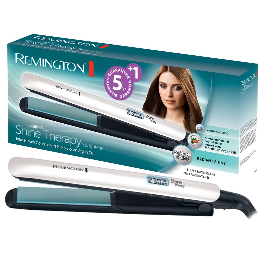 Remington Shine Therapy Hair Straighteners (High-Quality Ceramic Coating Enriched with Micro Active Ingredients for More Shine Moroccan Argan Oil & Vitamin E) LCD Display, 150-230°C, Hair Straightener