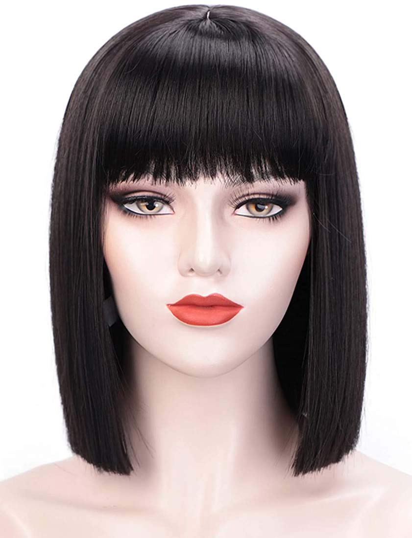 DELFINO Short Bob Hair Wigs, Black Wigs with Bangs 12" Straight with Flat Bangs Synthetic Colorful Cosplay Daily Party Wig for Women Natural As Real Hair (Black)