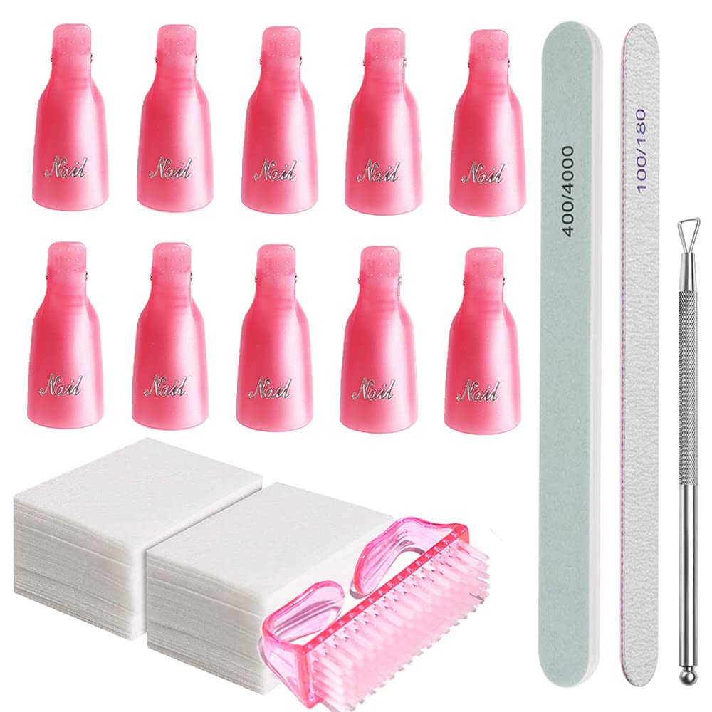 Nail Gel Polish Remover Tool Kit , 10 Pcs Plastic Nail Clip , Nail Wipe Cotton , Nail Files ,nail Brush Cuticle Pusher Peeler for Women’s Nail Art Accessories