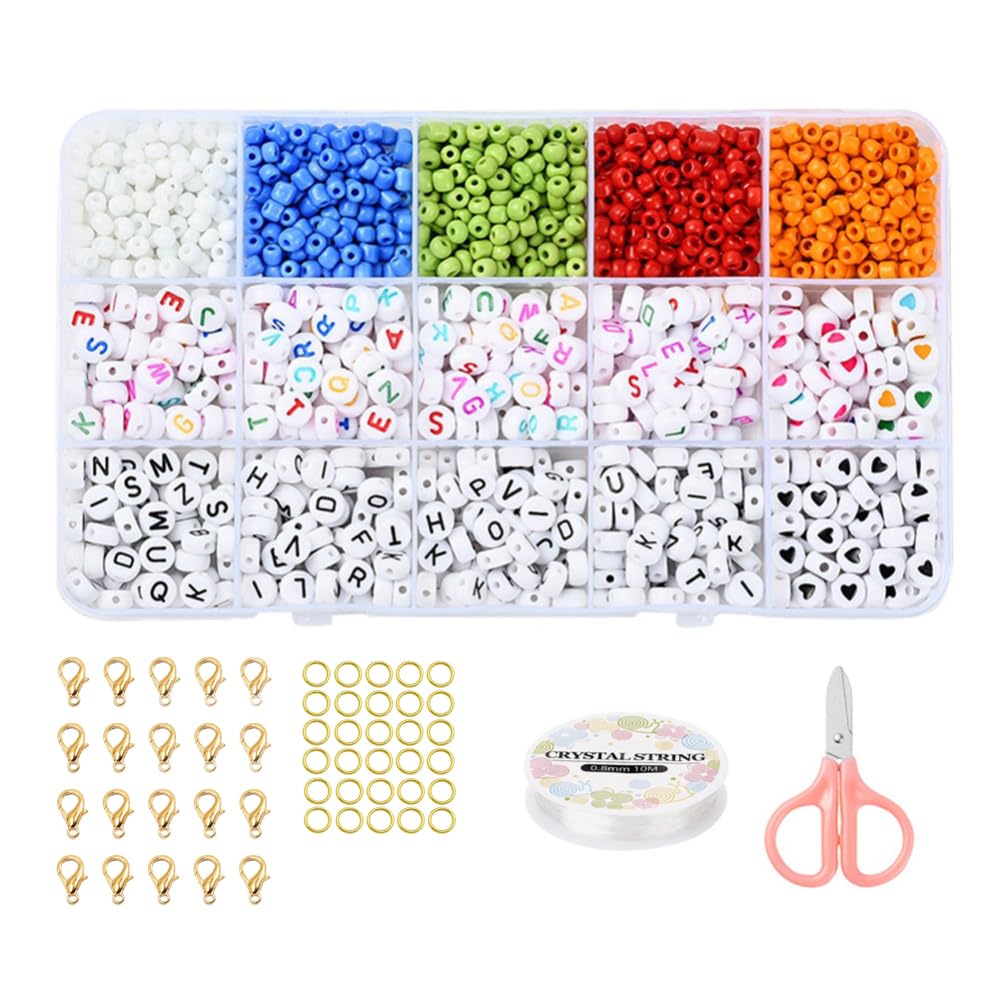 JAZZEEL DIY Jewelry Making Kit - Opaque Glass Seed Beads and Alphabet Beads Set with Elastic Cord, Clasps & Scissors, Complete Beading Kit for Art, Crafts, Embroidery, and Bracelet Fun