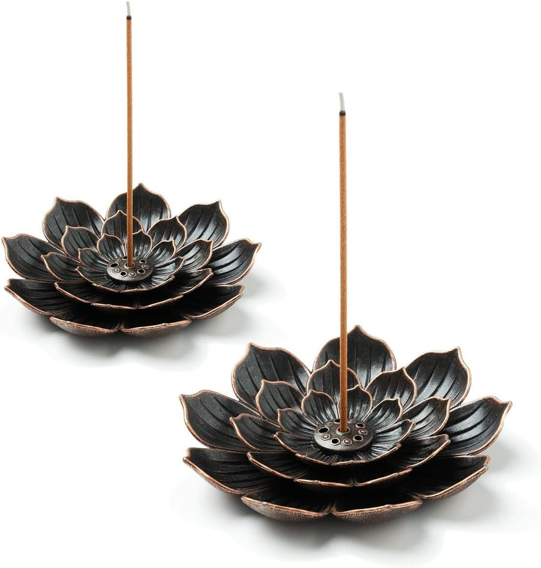 Lotus Flower Incense Holder, Metal Stick Burner, Black and Copper, Set of 2