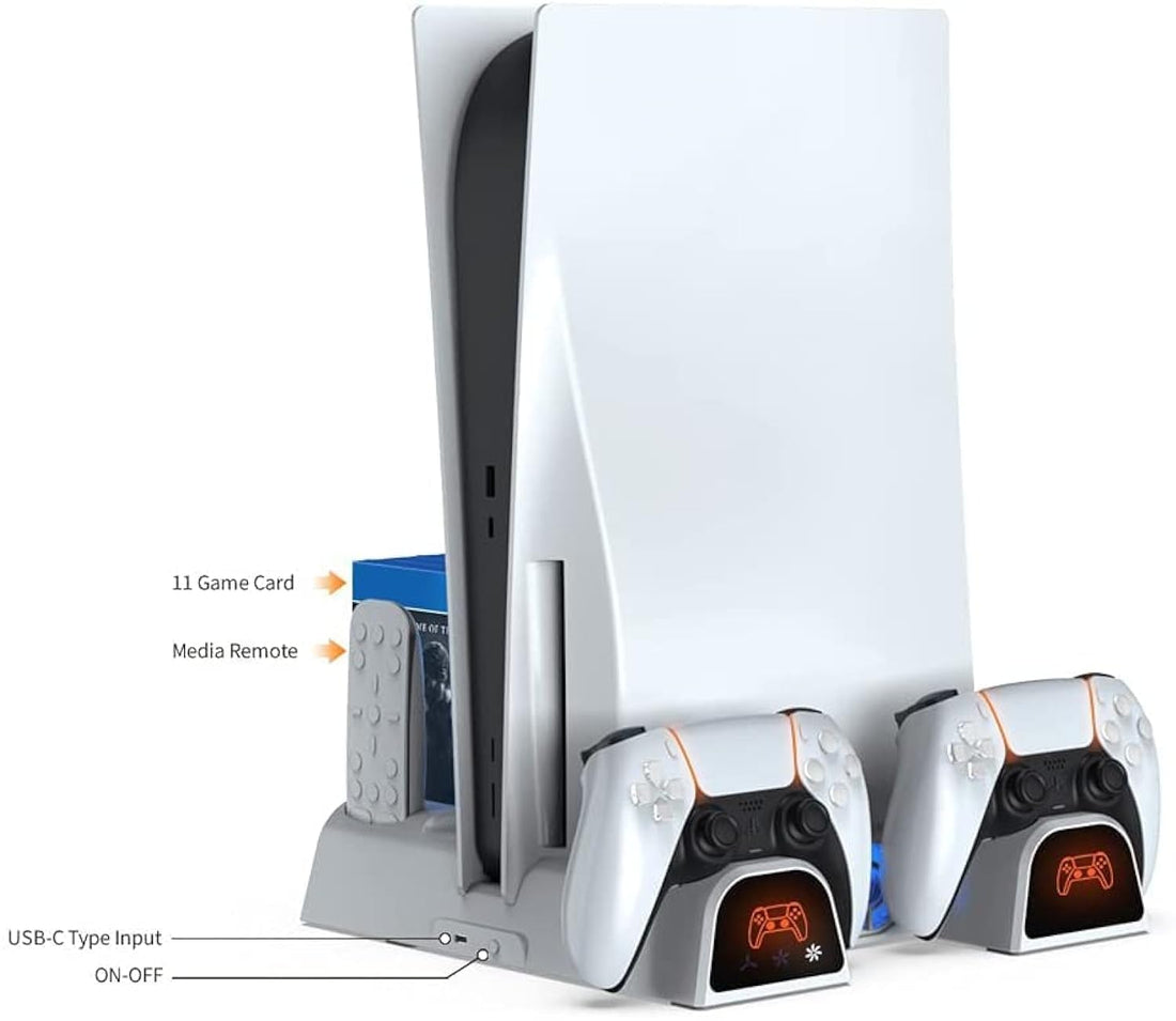 PS5 Stand with Suction Cooling Fan and Dual Arm Charging Station for PS5 - Suction Cooling Fan with Charging Station and 11 Game Storage Bins by DOBE TP5-1511
