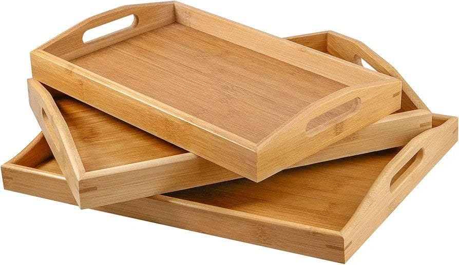 Premium Wooden Serving Tray Set with Modern and Elegant Design - Set of 3 Assorted Sizes for Serving Hospitality and Drinks with Attractive Natural Touch