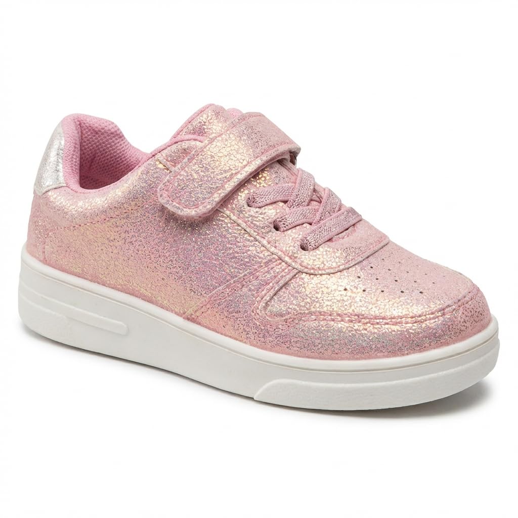 Girls Glitter Sneakers, Pink Iridescent, Loop Closure, Athletic Casual Shoes 19