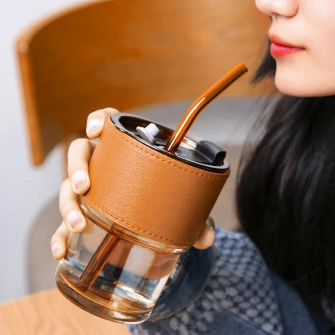 Generic Voix Glass Tumbler Mug with Lid, 435ml, Amber