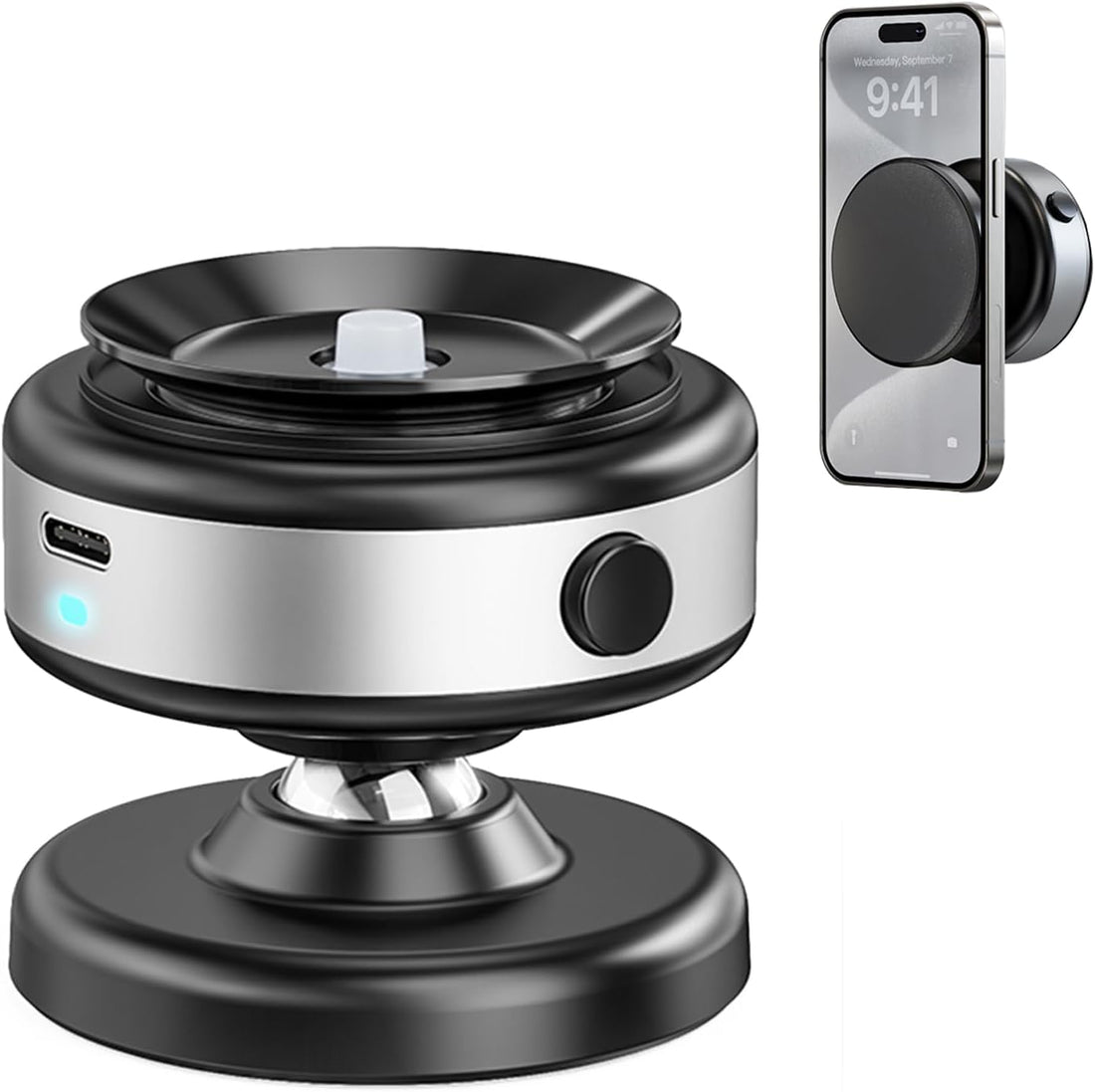 Upgraded 360° Adjustable Electric Vacuum Magnetic Suction Cup Phone Mount – Hands-Free Magnetic Phone Holder for Car, Gym, Mirror & Smooth Surfaces – Compatible with MagSafe iPhone & More (Silver)