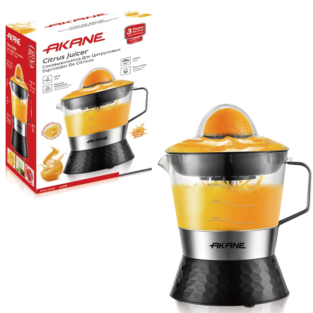 AKANE A.639 25W Electric Citrus Juicer 1.0L Large Capacity Exprimidor de Cítricos with Dual Rotation System, Easy Clean Detachable Parts, Compact Juice Extractor for Oranges, Lemons and Fresh Juice