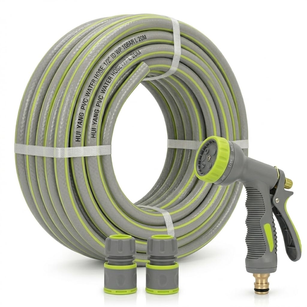 High Quality PVC Irrigation Hose, 20 Meters, 10 Bar Pressure, Multi Pattern Spray Gun and Quick Connectors, Grey and Green