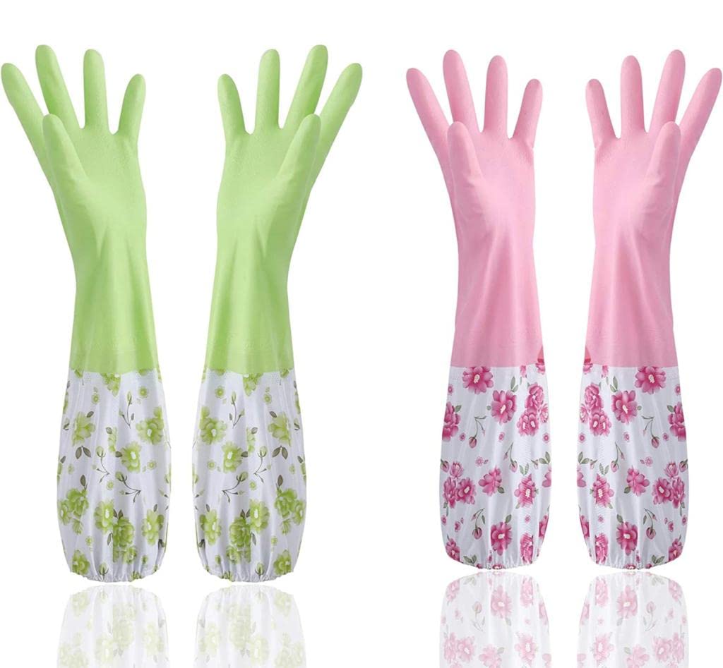 Reusable Rubber Latex PVC Flock lined Long Sleeves elbow length Hand Gloves for Kitchen Dish-Washing, Cleaning, Gardening, Laundry and Sanitation and Lab Work (Green + Pink)