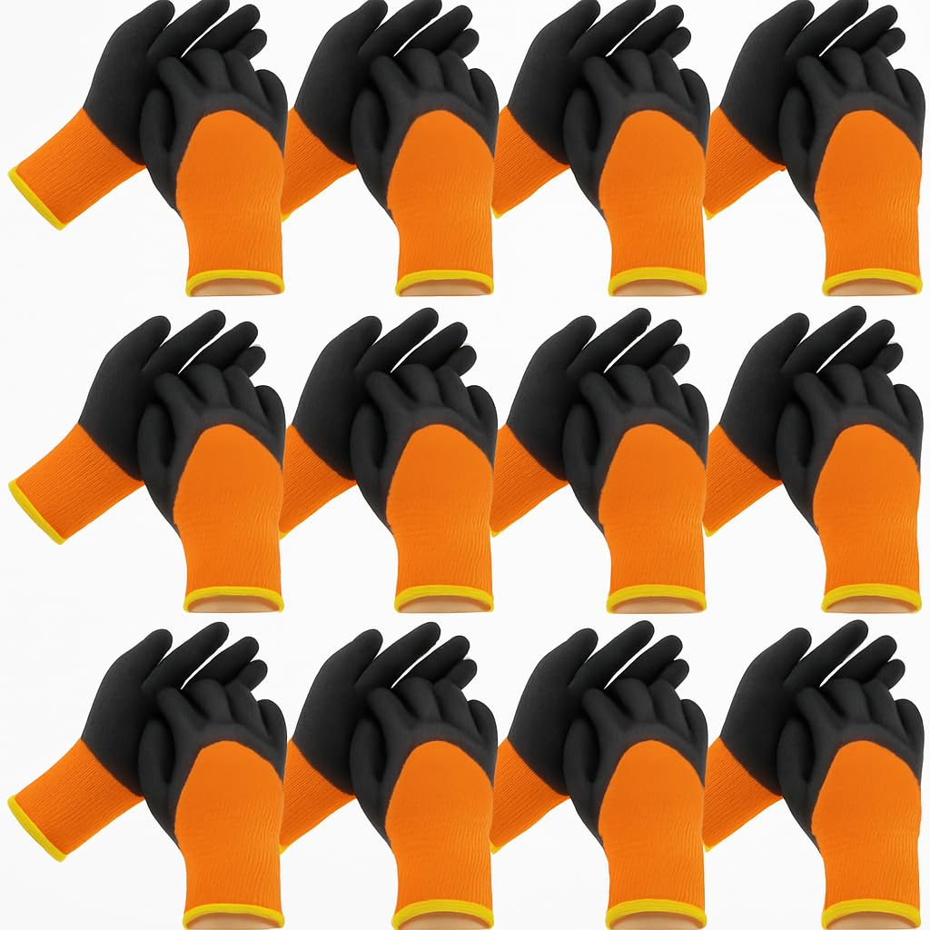 Pack of 12 Pairs Safety-Line Cut Resistant Work Gloves, Orange and Black, High Performance Protection, Professional Maintenance and Repairs