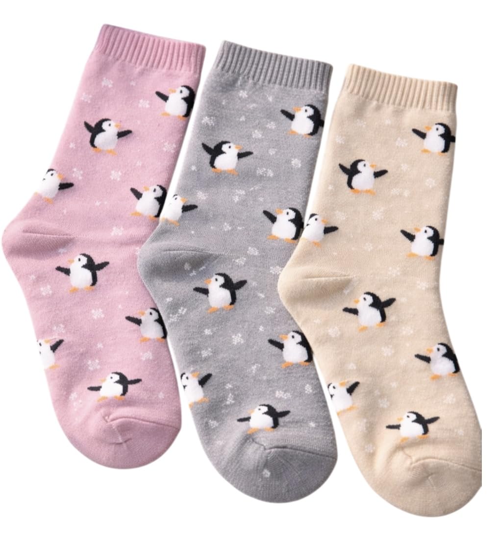 Women's Penguin Pattern Socks, 3-Pack, Pink Grey Beige, Ribbed Cuff, Casual Crew Socks