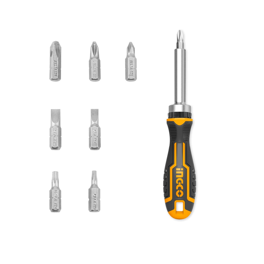 INGCO 8-in-1 Ratchet Screwdriver Set, 3-Position Ratchet Multi-bit Screwdrivers Set with 7 Magnetic Bits Phillips Slotted Torx AKISD0808