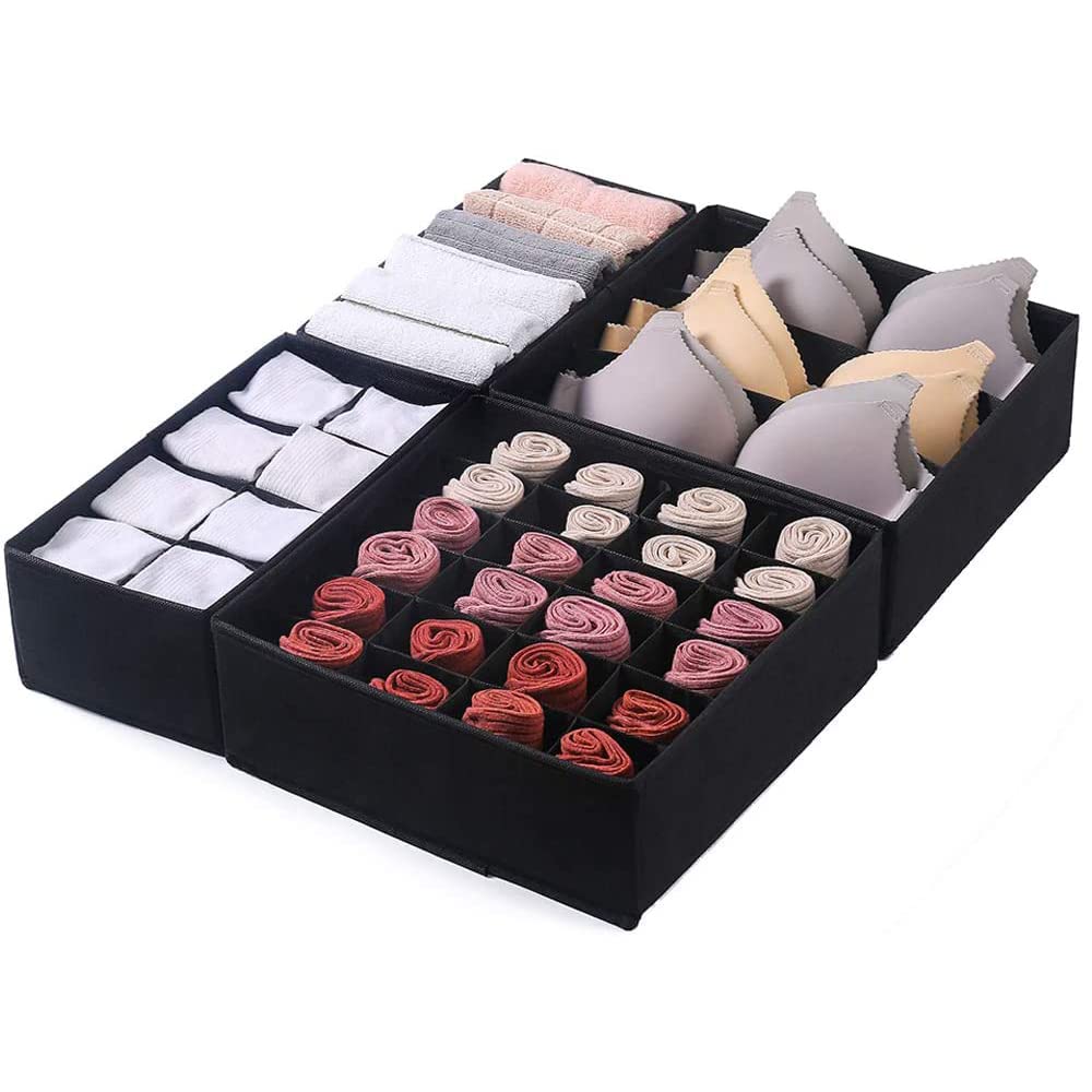STORESLA™ 4 PCS Drawer Organizer, Wardrobe Clothes Storage Organizer Box, Underwear Bra Organiser Closet Drawer Divider for Skirts Socks Bras Panties & Scarf (BLACK)