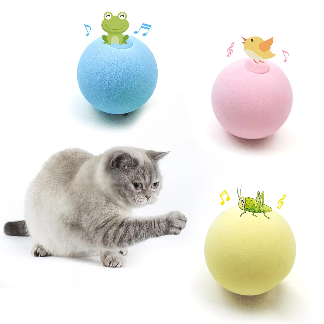 Cat Toy Balls with Sound, Chirping Cat Toys with Catnip, 3 Pcs EVA Rolling Toy Balls, Interactive Kitten Toys for Indoor Cats(Bird+Frog+Crickets, EVA)