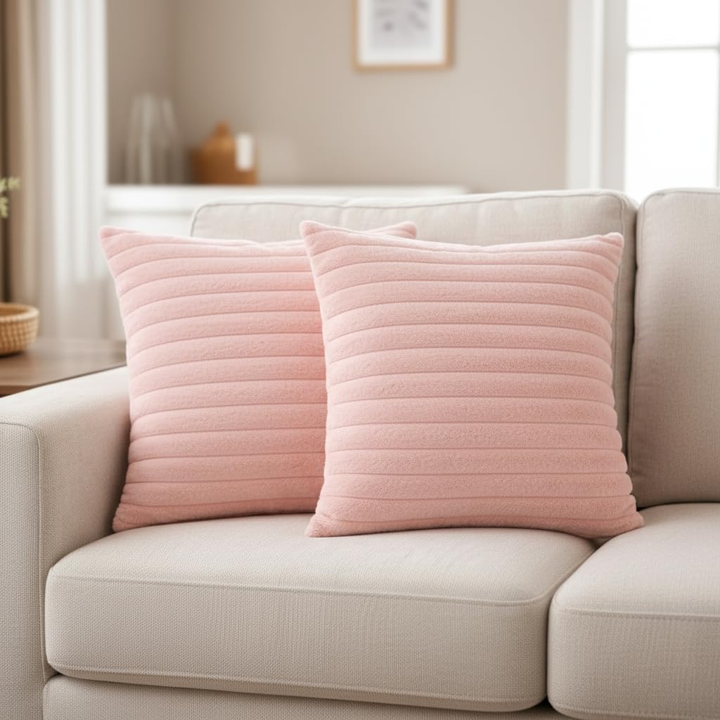 Faux Fur Plush Throw Pillow Covers, Striped Decorative Cushion Case, Double-Sided Soft Fluffy, 45x45 cm, Set of 2, for Sofa Couch Living Room (Pink)