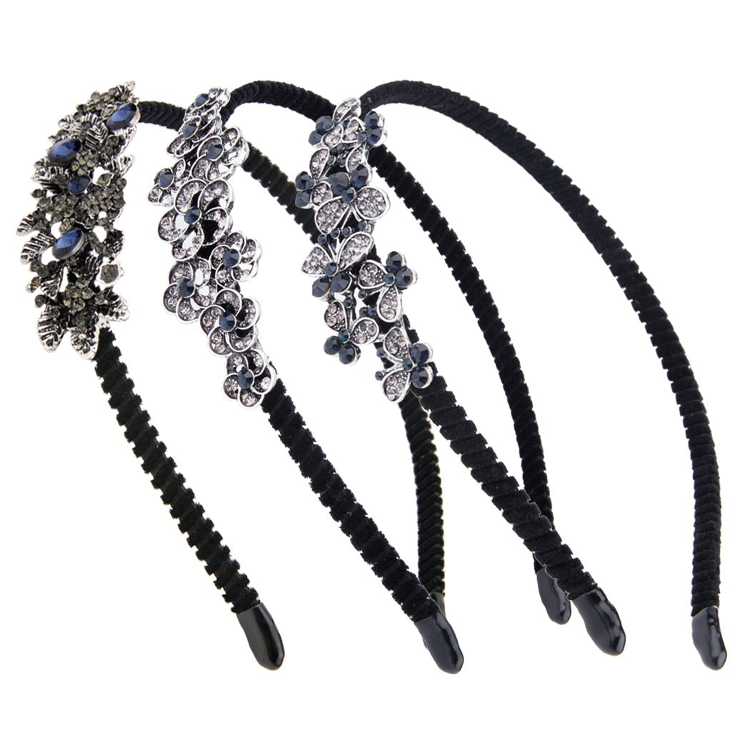 TQWY TianQin WY Women Ladies Girls 3Pcs Fabric Covered Alice Bands hair band Headbands Dark Blue Vintage Crystal Headband Flower Butterfly Leaves Designed Hair Clips