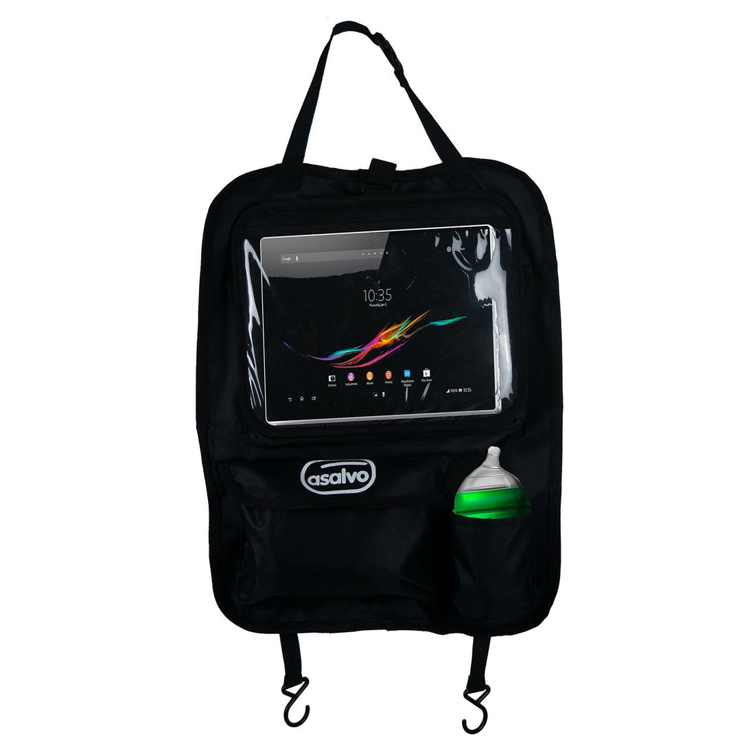 Asalvo Car Seat Organizer (610g) - Increase Vehicle Storage, Integrated Tablet Holder, Fits All Seats, Easy Clean and Durable Design in Black