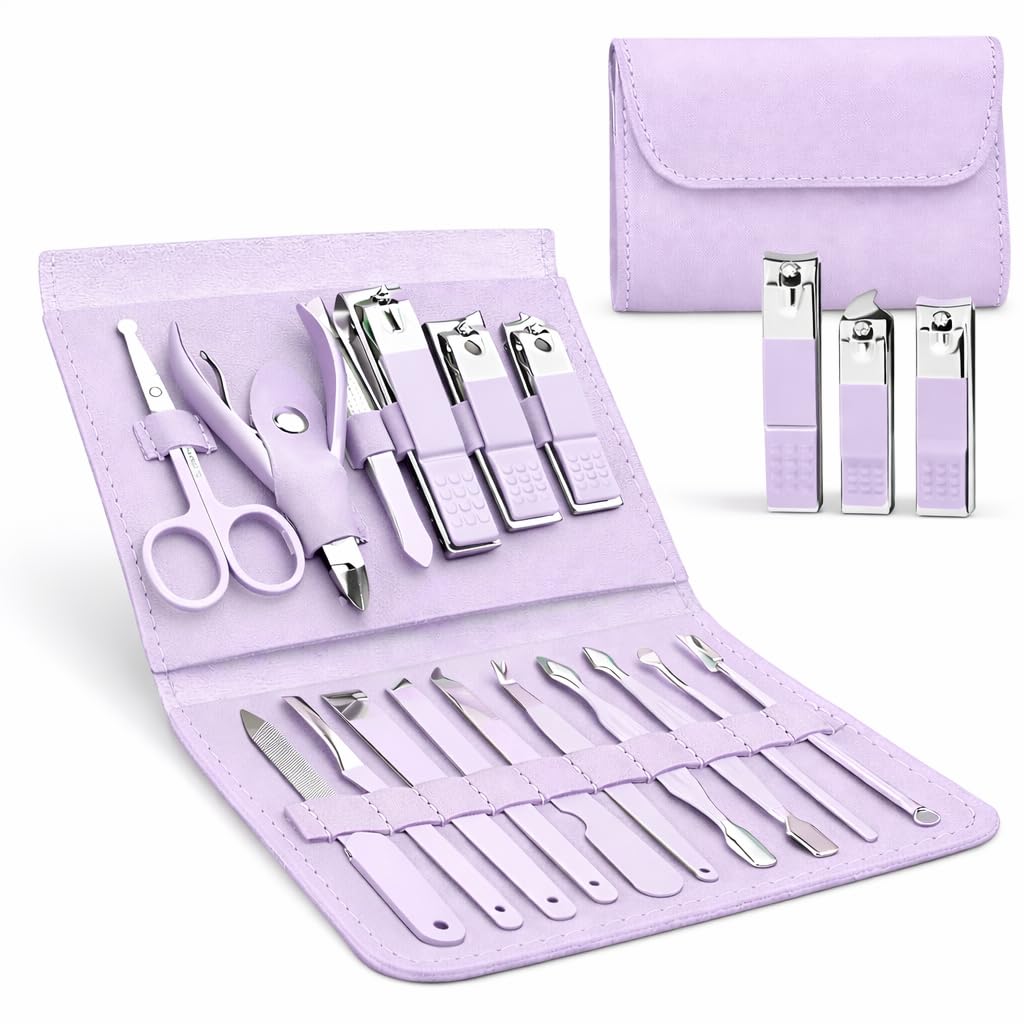 Manicure Set Pedicure Kit 16 in 1 Travel Nail Grooming Kit Stainless Steel Tools for Hand & Foot Care with Leather Case (Purple)