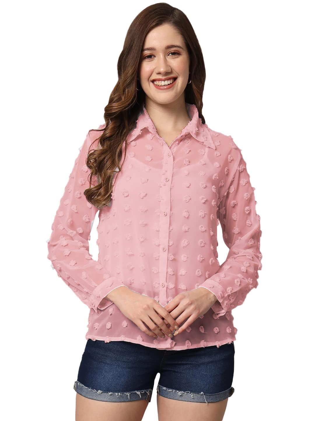 Sunset Women's Solid Sheer Big Dots Chiffon Blouse