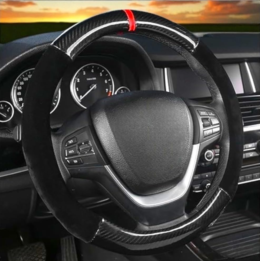 Car Steering Wheel Cover for Women and Men, Premium Alcantara Carbon Fiber Car Steering Wheel Cover, Fits Sedans and SUVs, Round Design (Black Alcantara x Carbon)
