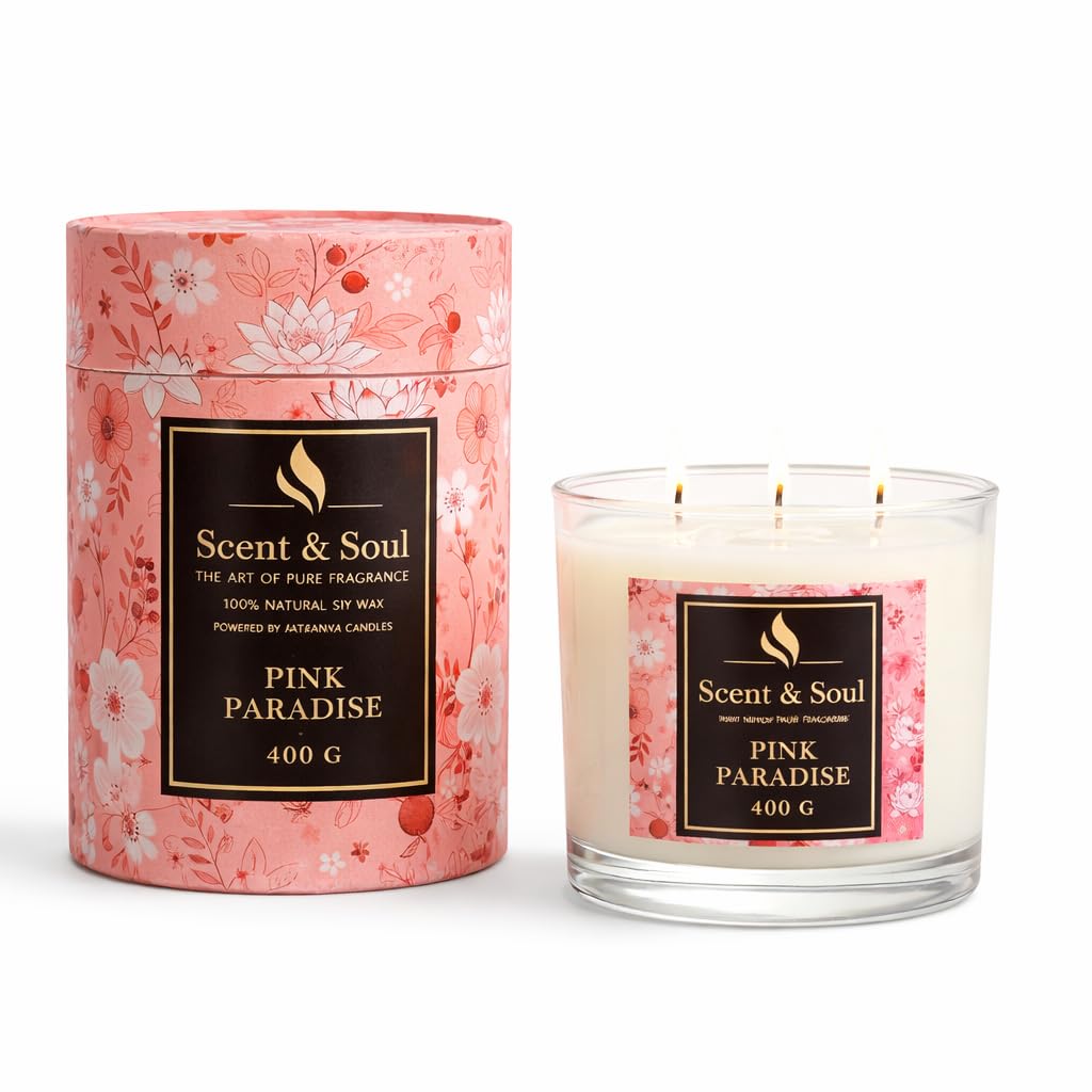 Scent & Soul Pink paradise Scented Candle – 400g Natural Soy Wax Candle, Fruity Floral Sweet Fragrance, 3 Wick Long Lasting Candle, 91Hours Long Lasting, Premium Glass Jar for Home & Gift