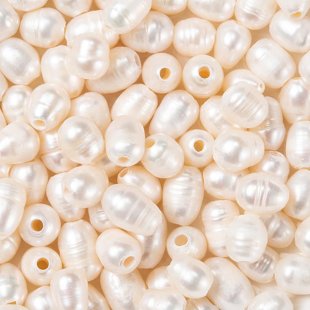 BB Beadthoven 100pcs 7-10mm Natural Freshwater Pearl Beads 1.8mm Big Large Hole Rice Shape White Pearls for Crafting Oval Pearl Beads for Jewelry Making DIY Bracelets Necklaces Leather Cord