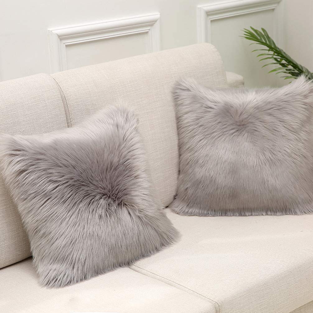 Grey 20 x 20 Inches Cushion Covers Pack of 2 Fluffy Soft Faux Fur Square Pillowcases, Luxury Home Decorative Super Soft Plush Pillow Covers Case 50cm x 50cm for Sofa Bed Living Room