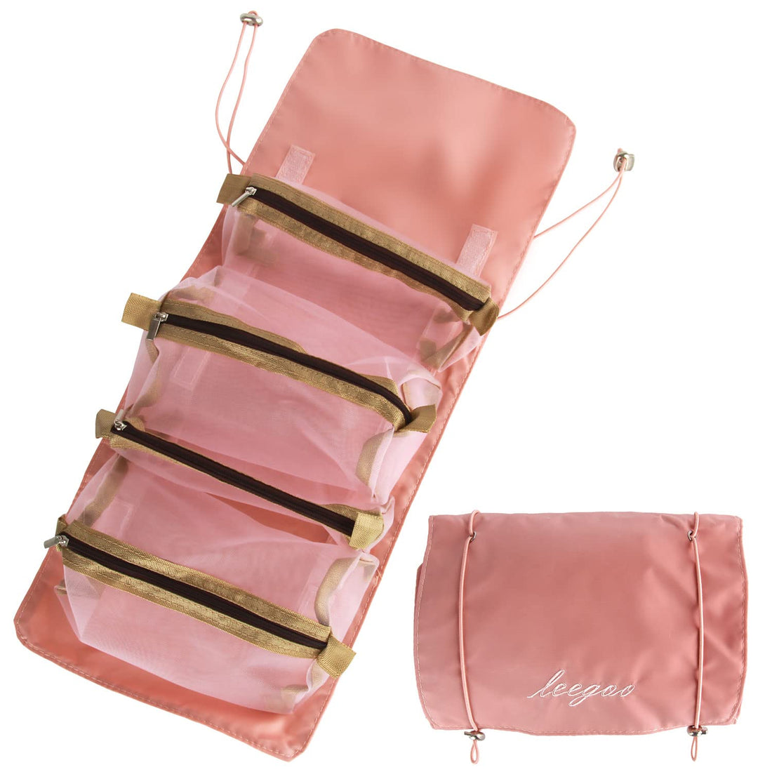 Splittable Portable Toiletry Bag,M MUNCASO 4-in-1 Roll-Up Make Up Collapsible Organizer and Travel Bag - 4 Removable Carry on Pouches Mesh Bag Unisex Cosmetic Bags, Pink,