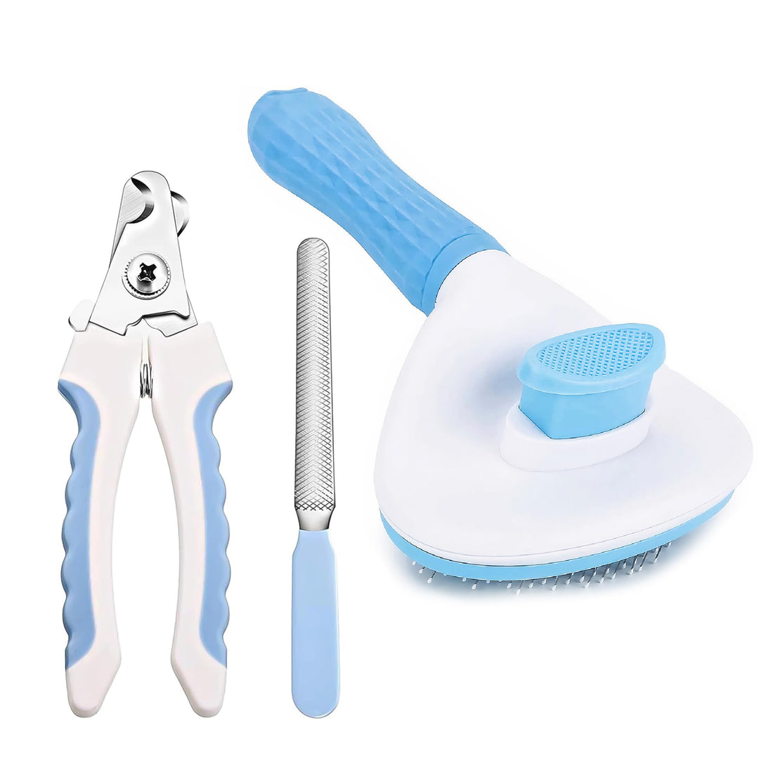 Grooming and Cleaning Slicker Brush and Nail Cutter with Filer for Dogs and Cats - (Nail Clipper + Oval Push Slicker) | Gentle Trimmer, Self Clean Brush, Shedding, and Lockable Tool